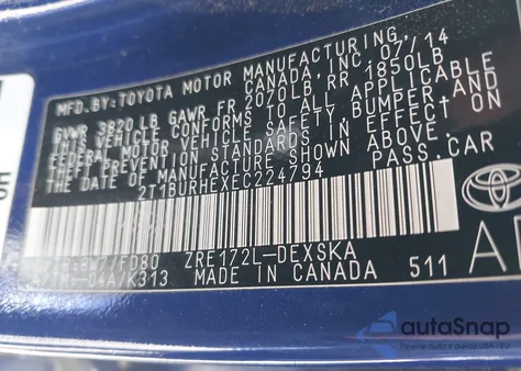 2014 Toyota Corolla S Plus z USA, uszkodzony, nr VIN 2T1BURHEXEC224794